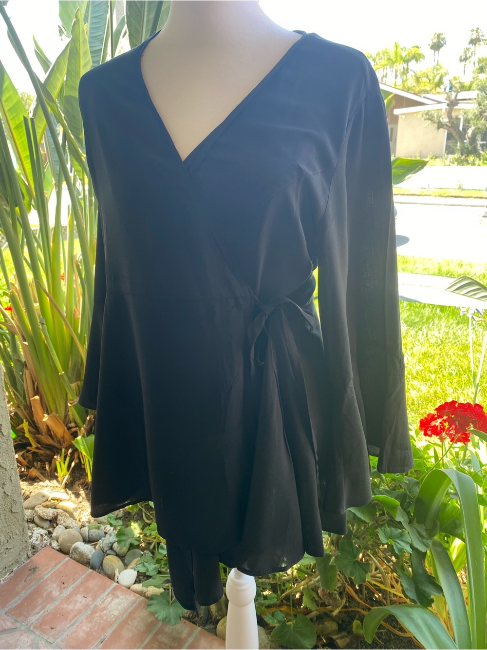 City Chic Black Long-Sleeve Wrap Tie Blouse